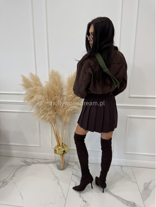 Spódniczka mini rozkloszowana z plisowaniem sweterkowa czekoladowa Ilona 09 - photo #7