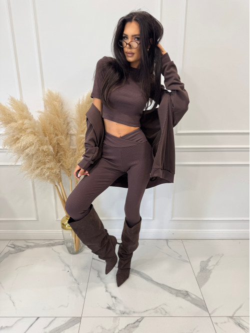 Komplet 3-częściowy bluza+crop top+legginsy czekoladowy DIONIZY 121