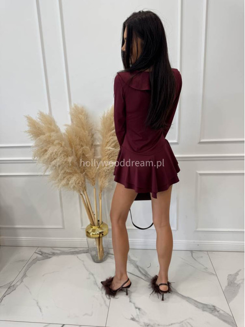 Sukienko-kombinezon z falbanami i wiązaniem bordowy ERYK 02 - photo #8
