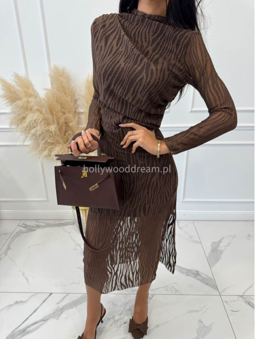 Sukienka maxi z siateczkowego materiału w zebrę z podszewką czekoladowa ZEBRA 19 - photo #7