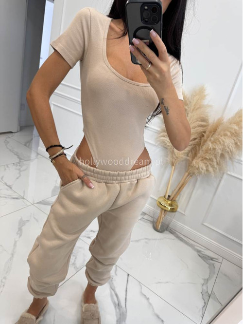 Komplet dresowy 3-częściowy bluza, body i spodnie dresowe beżowy KOKO 130 - photo #2