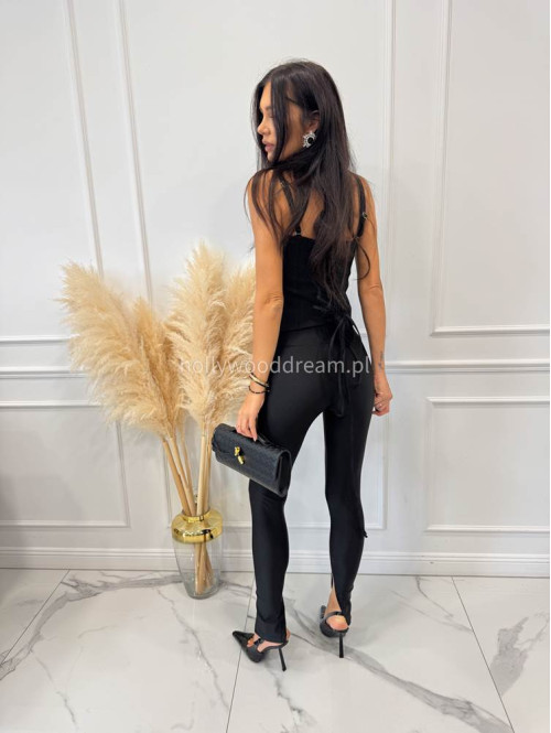 Legginsy z połyskującego materiału i wysoką gumką w pasie czarne MILAN 161 - photo #6