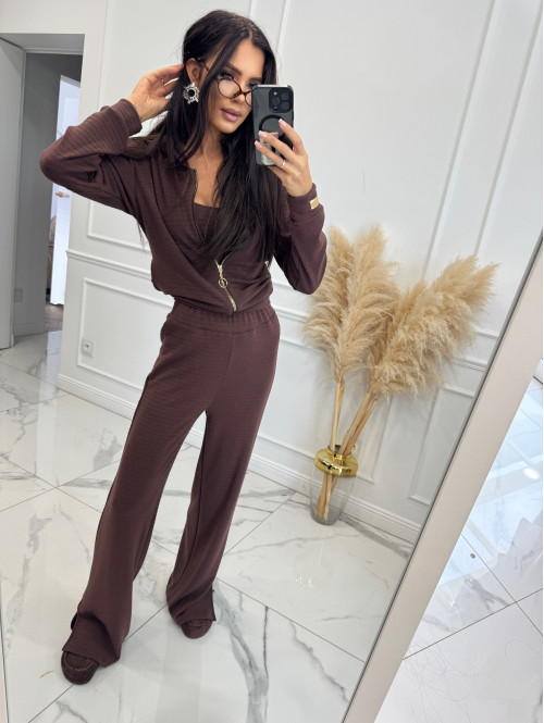 Komplet 3 częściowy bluza+ top +spodnie brązowy ADI 185