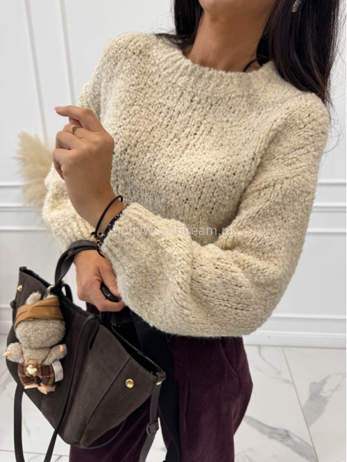 Beżowy sweter bukla z okrągłym dekoltem WERA 194 - photo #11