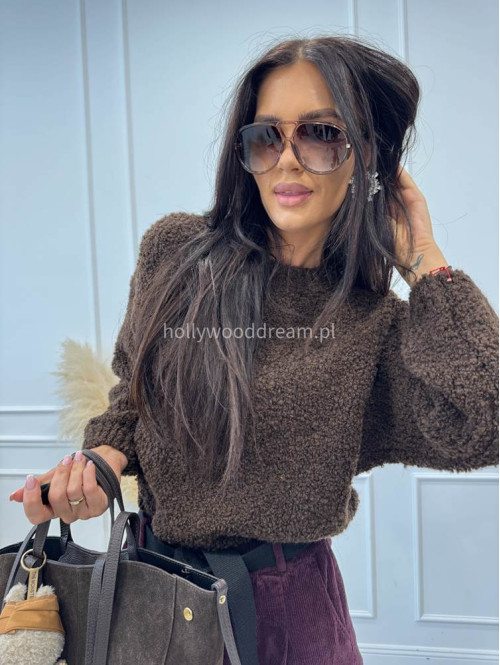 Czekoladowy sweter bukla z okrągłym dekoltem WERA 194 - photo #4