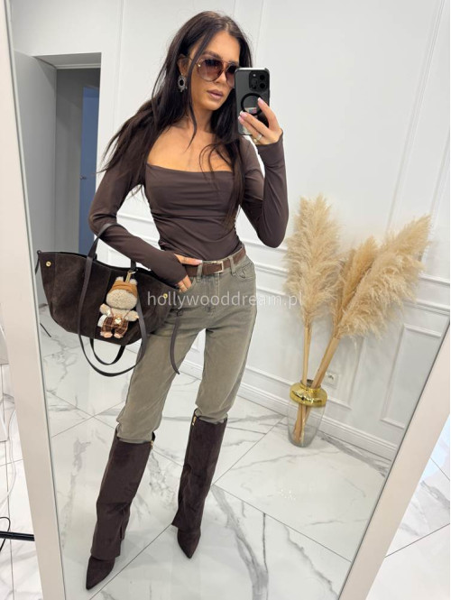 Czekoladowa bluzka z drapowaniem po boku i dekoltem karo EMILY 171 - photo #1