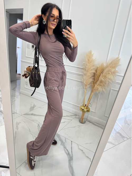 Ciemno beżowy komplet z lejącego materiału bluzka z drapowaniem+spodnie SHAKIRA 121 - photo #10