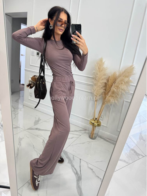 Ciemno beżowy komplet z lejącego materiału bluzka z drapowaniem+spodnie SHAKIRA 121 - photo #11