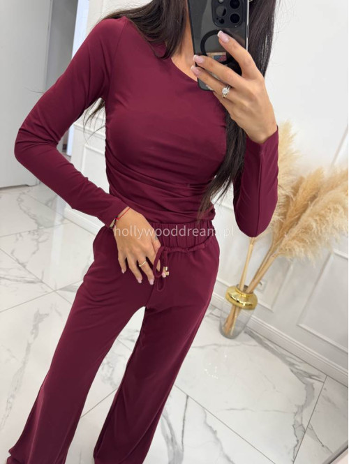 Bordowy komplet z lejącego materiału bluzka z drapowaniem+spodnie SHAKIRA 121 - photo #4