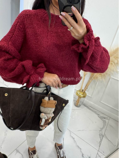 Bordowy sweter z ozdobnymi rękawami MICKY 94 - photo #9