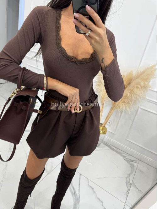 Czekoladowe body z prążkowanego materiału z koronką NEL 02 - photo #7