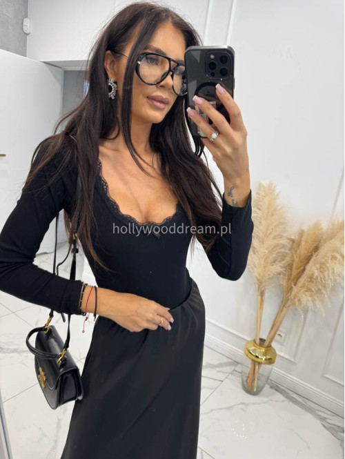 Czarne body z prążkowanego materiału z koronką NEL 02 - photo #3