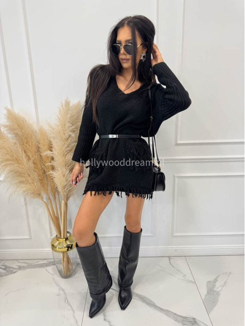 Czarny sweter oversize z kieszeniami i frędzlami EDA 17 - photo #3