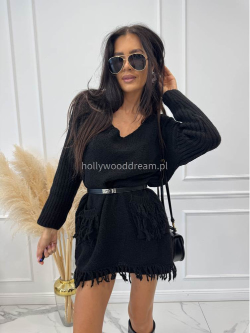 Czarny sweter oversize z kieszeniami i frędzlami EDA 17 - photo #7