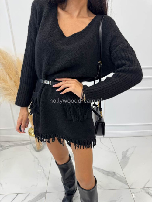 Czarny sweter oversize z kieszeniami i frędzlami EDA 17 - photo #9