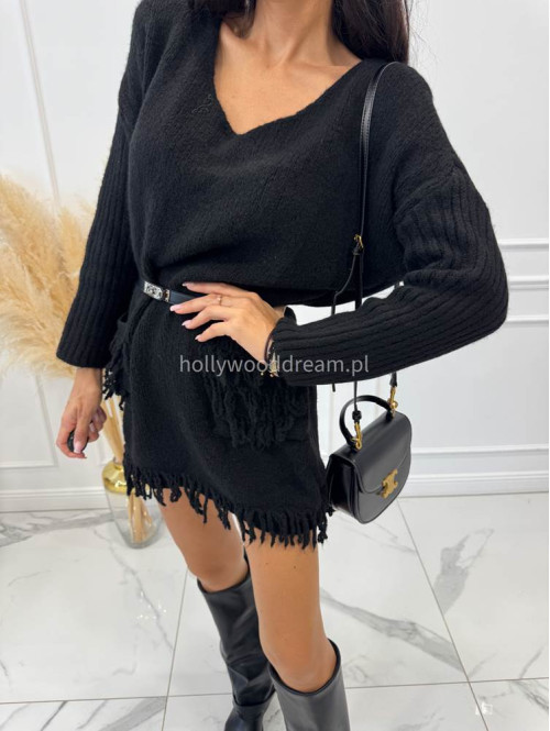 Czarny sweter oversize z kieszeniami i frędzlami EDA 17 - photo #10