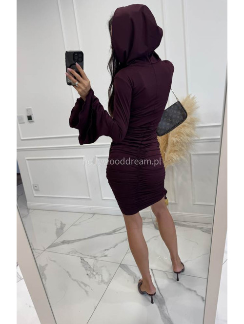 Bordowa sukienka midi z kapturem i różą Diva 185 - photo #7