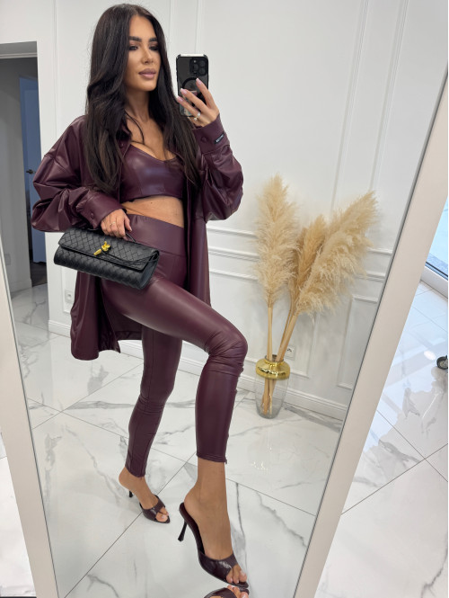 Bordowy komplet skórzany koszula+top+legginsy BRANDON 161