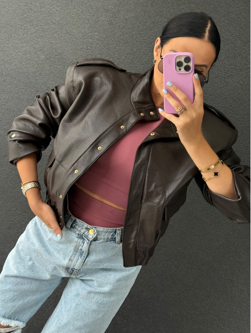 Czekoladowa kurtka bomber skórzana premium MILENA 25 Czekoladowa kurtka bomber skórzana premium MILENA 25 - photo #40