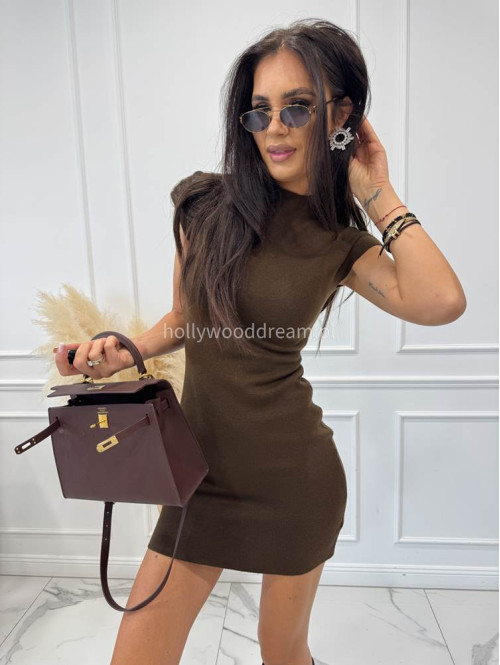 Brązowa sukienka mini z poszerzanymi ramionami HANIA 02 - photo #3