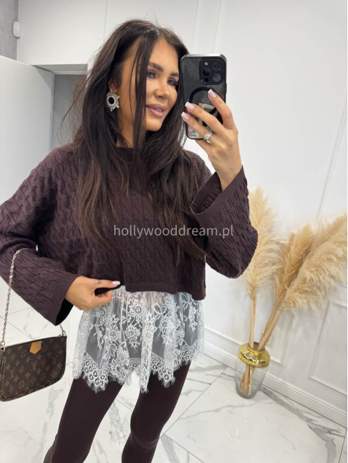 Czekoladowy sweter z topem z białą koronką POPPY 24 - photo #4