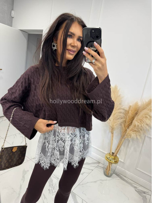 Czekoladowy sweter z topem z białą koronką POPPY 24 - photo #5