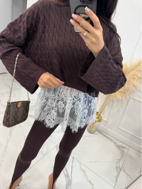 Czekoladowy sweter z topem z białą koronką POPPY 24 - photo #6