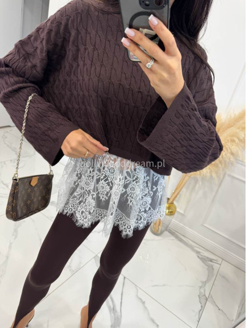 Czekoladowy sweter z topem z białą koronką POPPY 24 - photo #7