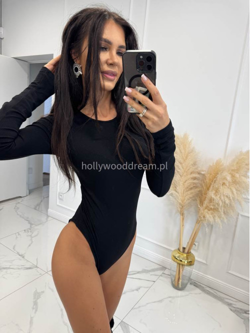 Czarne body prążkowane na długi rękaw KAMA 02 - photo #1