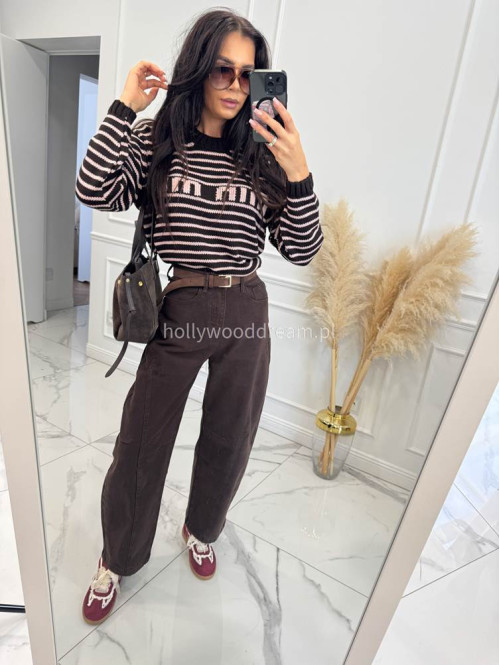 Ciemnoczekoladowy sweter w różowe cienkie paski BASIA 44 - photo #1