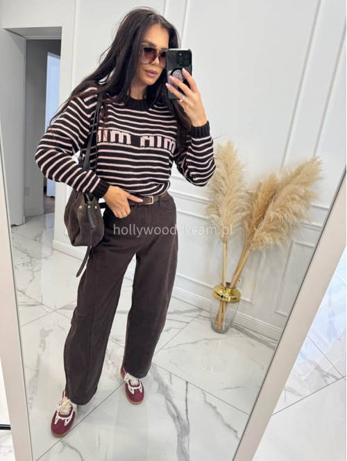 Ciemnoczekoladowy sweter w różowe cienkie paski BASIA 44 - photo #3