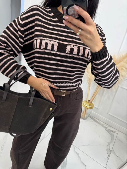 Ciemnoczekoladowy sweter w różowe cienkie paski BASIA 44 - photo #5