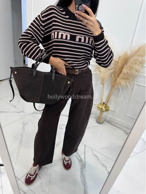Ciemnoczekoladowy sweter w różowe cienkie paski BASIA 44 - photo #7