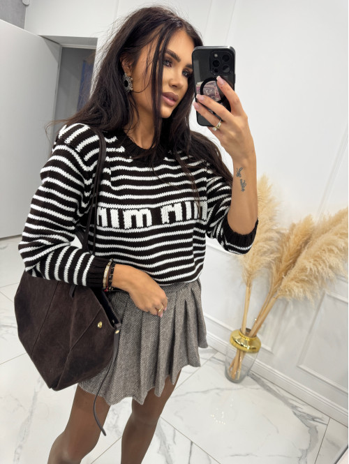 Ciemnoczekoladowy sweter w kremowe cienkie paski BASIA 44