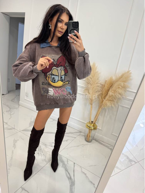 Brązowa bluza z jeansowym kołnierzykiem i aplikacją Kid 192 - photo #1