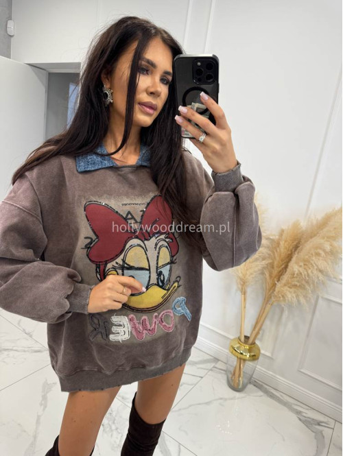 Brązowa bluza z jeansowym kołnierzykiem i aplikacją Kid 192 - photo #3