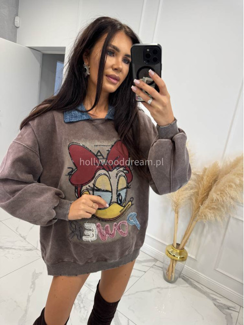 Brązowa bluza z jeansowym kołnierzykiem i aplikacją Kid 192 - photo #4