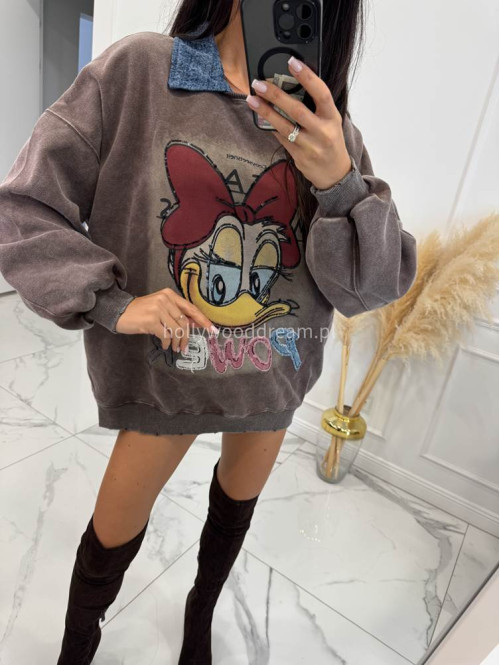 Brązowa bluza z jeansowym kołnierzykiem i aplikacją Kid 192 - photo #5