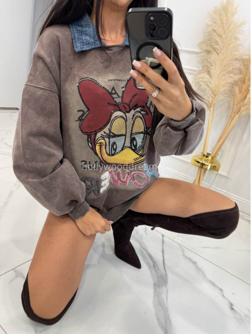 Brązowa bluza z jeansowym kołnierzykiem i aplikacją Kid 192 - photo #8