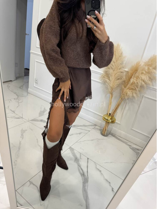 Czekoladowa spódnica asymetryczna mini z koronką MELANIA 19 - photo #6