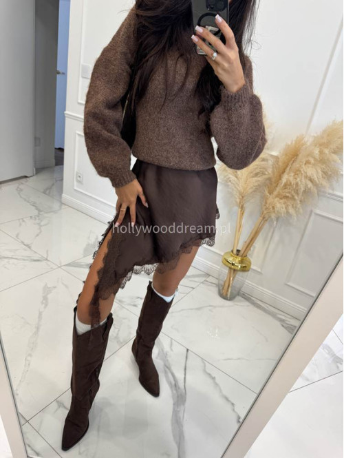 Czekoladowa spódnica asymetryczna mini z koronką MELANIA 19 - photo #8