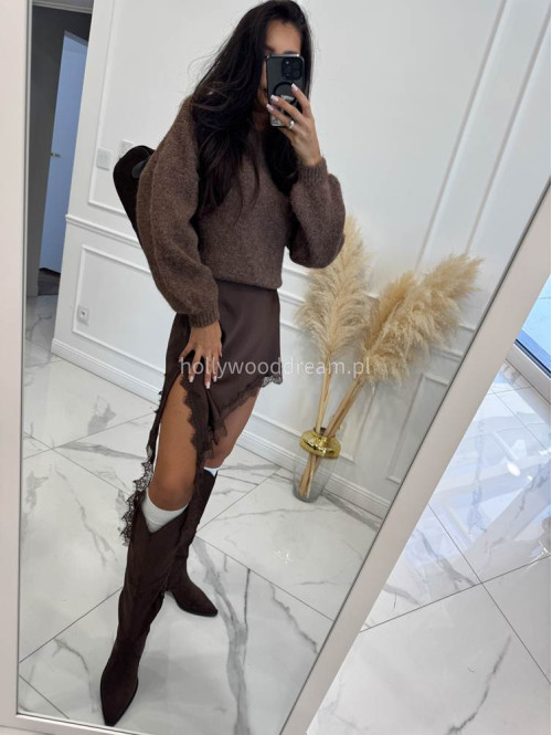 Czekoladowa spódnica asymetryczna mini z koronką MELANIA 19 - photo #11