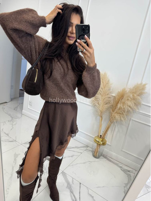 Czekoladowa spódnica asymetryczna mini z koronką MELANIA 19 - photo #14
