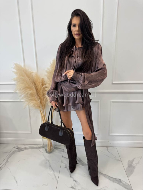 Czekoladowa sukienka z lejącego i połyskującego materiału JULIA 09 - photo #2