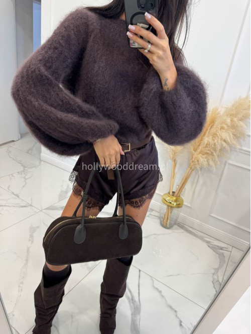 Ciemno czekoladowy Sweter moherowy z poszerzanymi rękawami WALENCJA 52 - photo #4