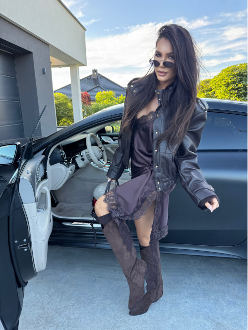 Czekoladowa sukienka midi asymetryczna z koronką MONIA 17 Czekoladowa sukienka midi asymetryczna z koronką MONIA 17 - photo #0