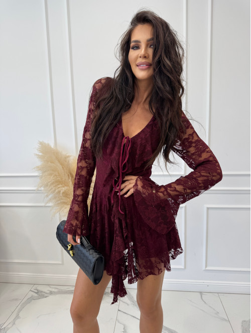 Bordowy kombinezon z koronki z wiązaniem MICHAŁ 19