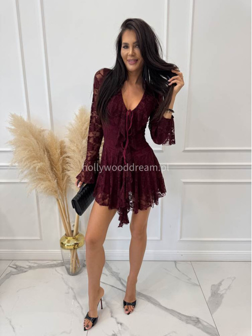 Bordowy kombinezon z koronki z wiązaniem MICHAŁ 19 - photo #1