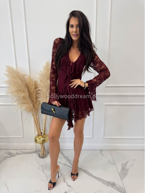 Bordowy kombinezon z koronki z wiązaniem MICHAŁ 19 - photo #3