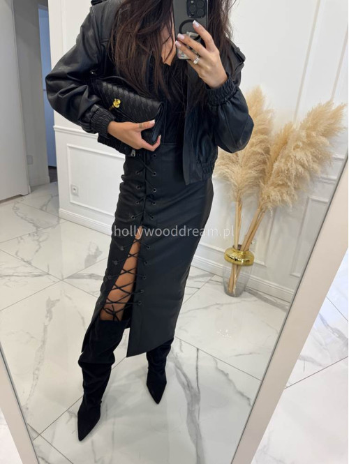 Czarna spódnica maxi skórzana z wiązaniem przez przód FLORKA 39 - photo #1